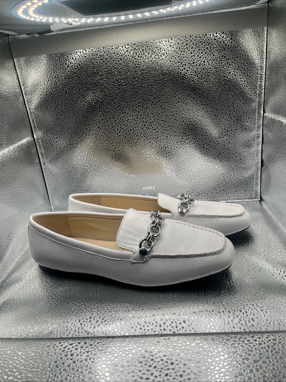 Calvin Klein White Leather Loafers with Silver Chain